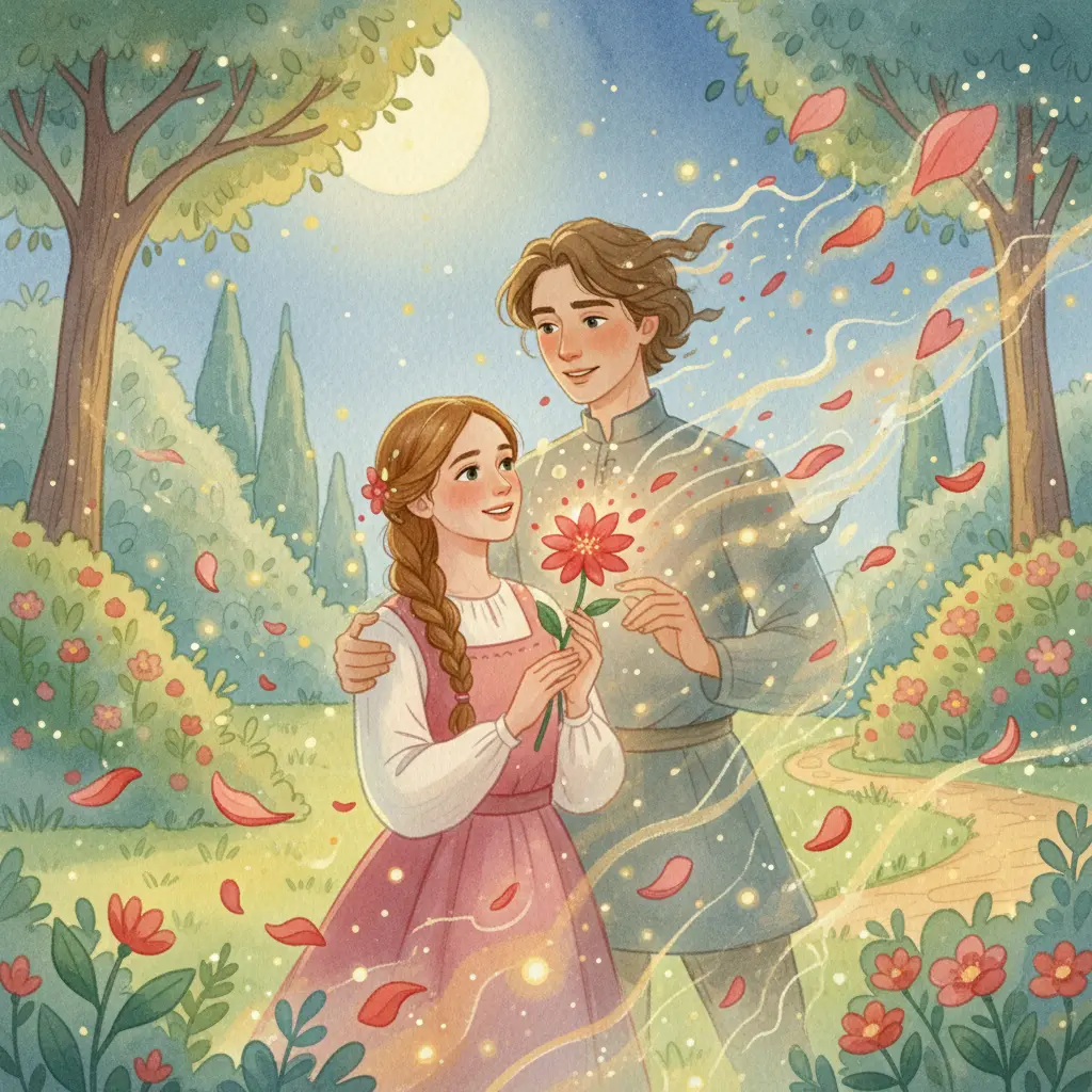 Ночная сцена: аленький цветок сияет, зверь превращается в прекрасного юношу рядом с Настенькой