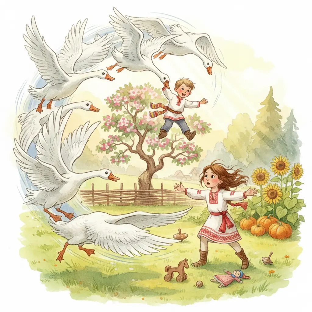 Гуси-лебеди подхватывают маленького Иванушку, пока Аленушка отвлеклась в игре