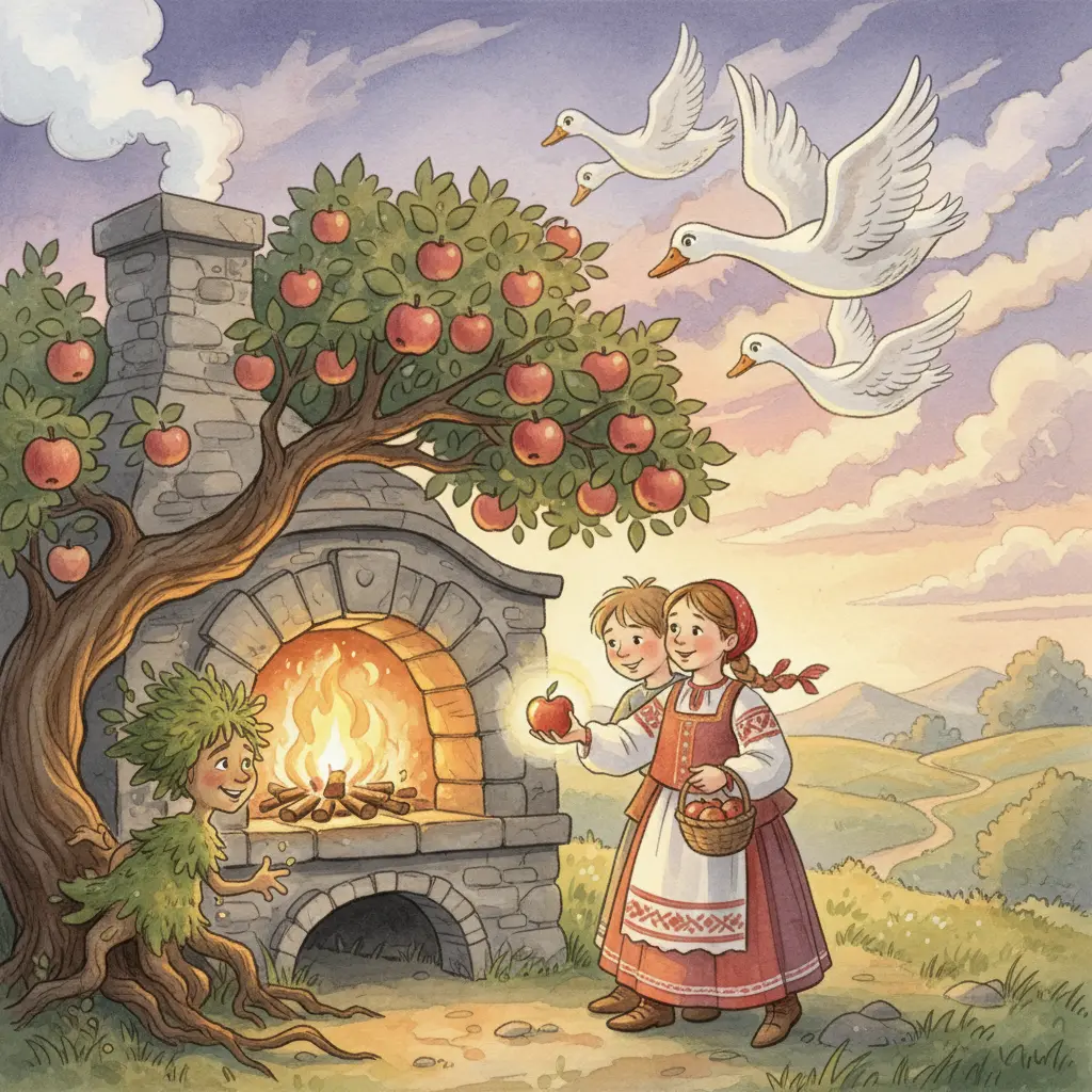 Печка и яблонька укрывают детей, а гуси-лебеди кружат в поисках