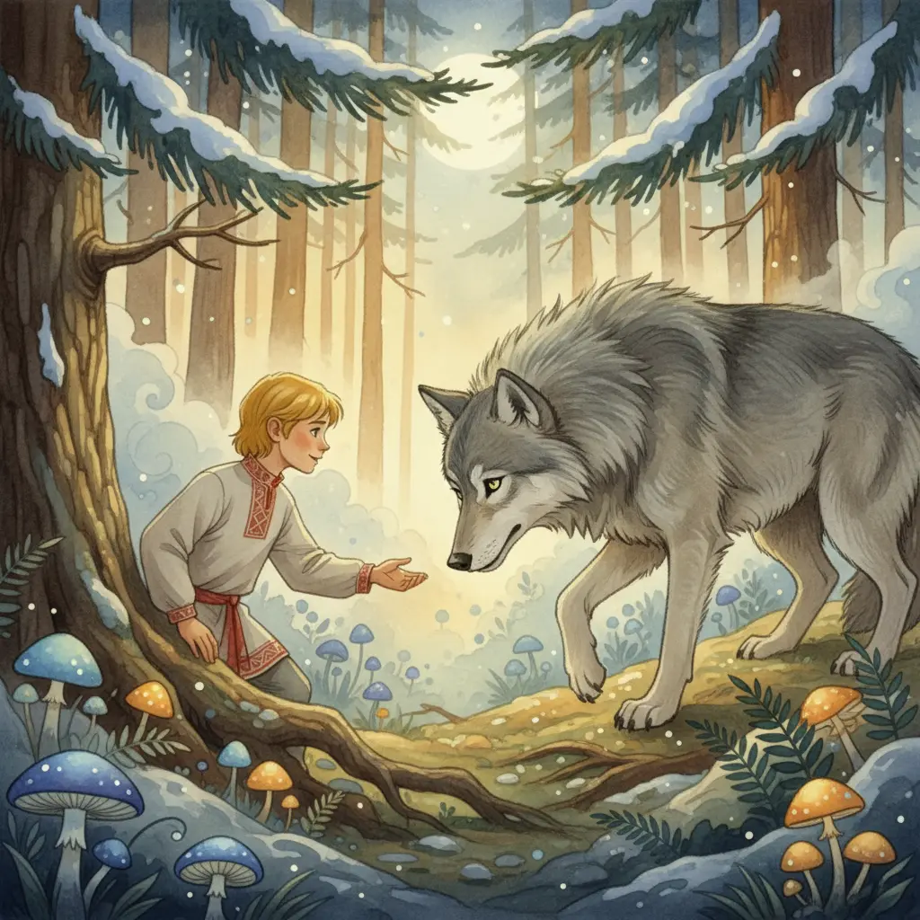 Иван-царевич встречает Серого Волка среди лунного леса и тянет к нему руку