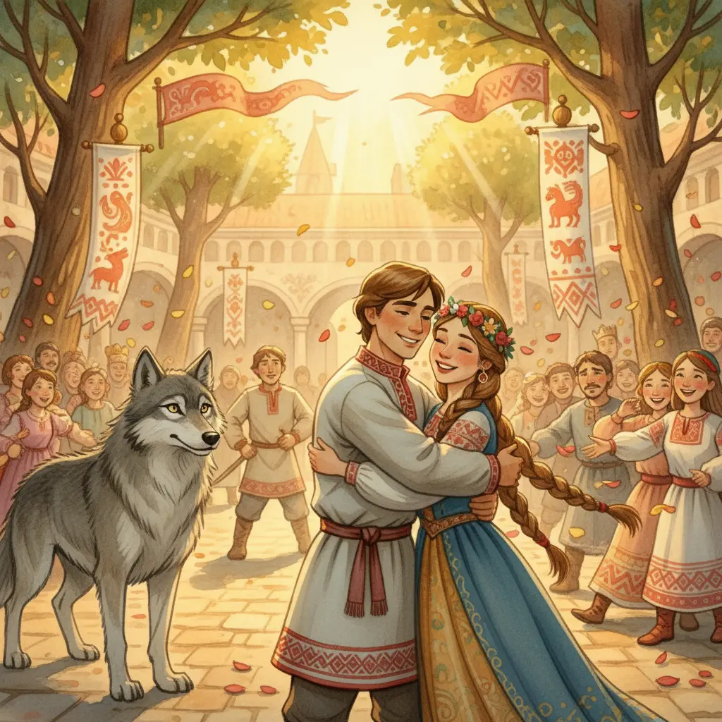 Иван и Елена обнимаются во дворце, а мудрый Волк стоит рядом, разоблачая братьев