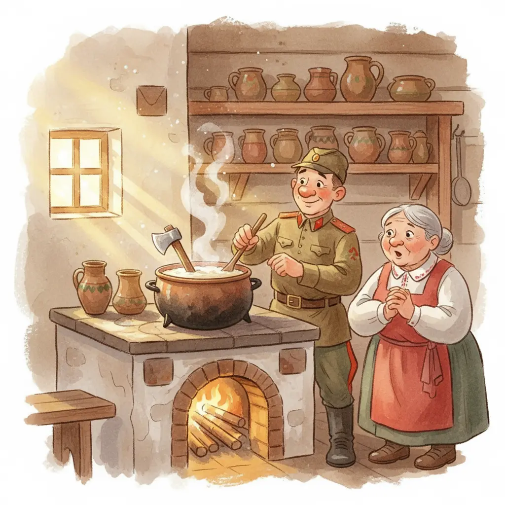 В избе кипит котёл с топором, солдат помешивает кашу под удивлённым взглядом хозяйки