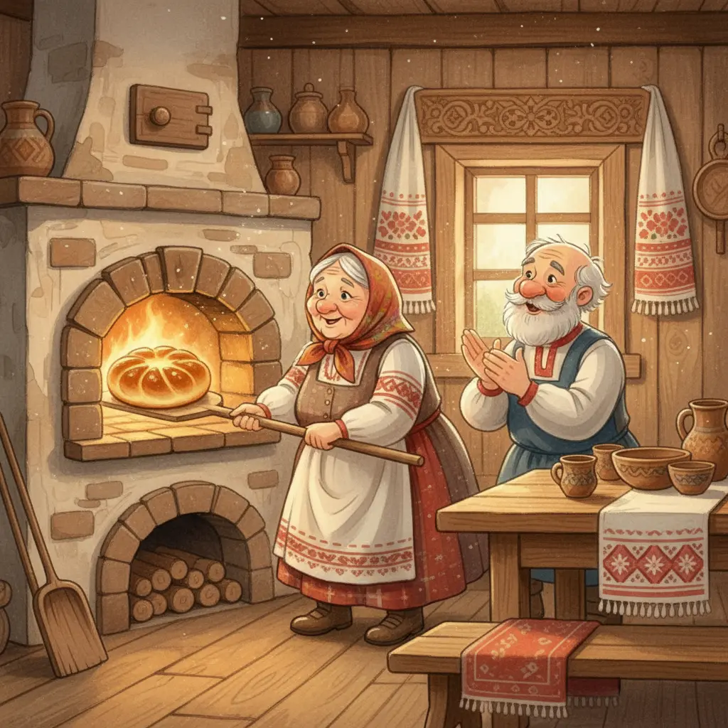 Бабушка вытаскивает из печи румяный колобок, дедушка стоит рядом и улыбается