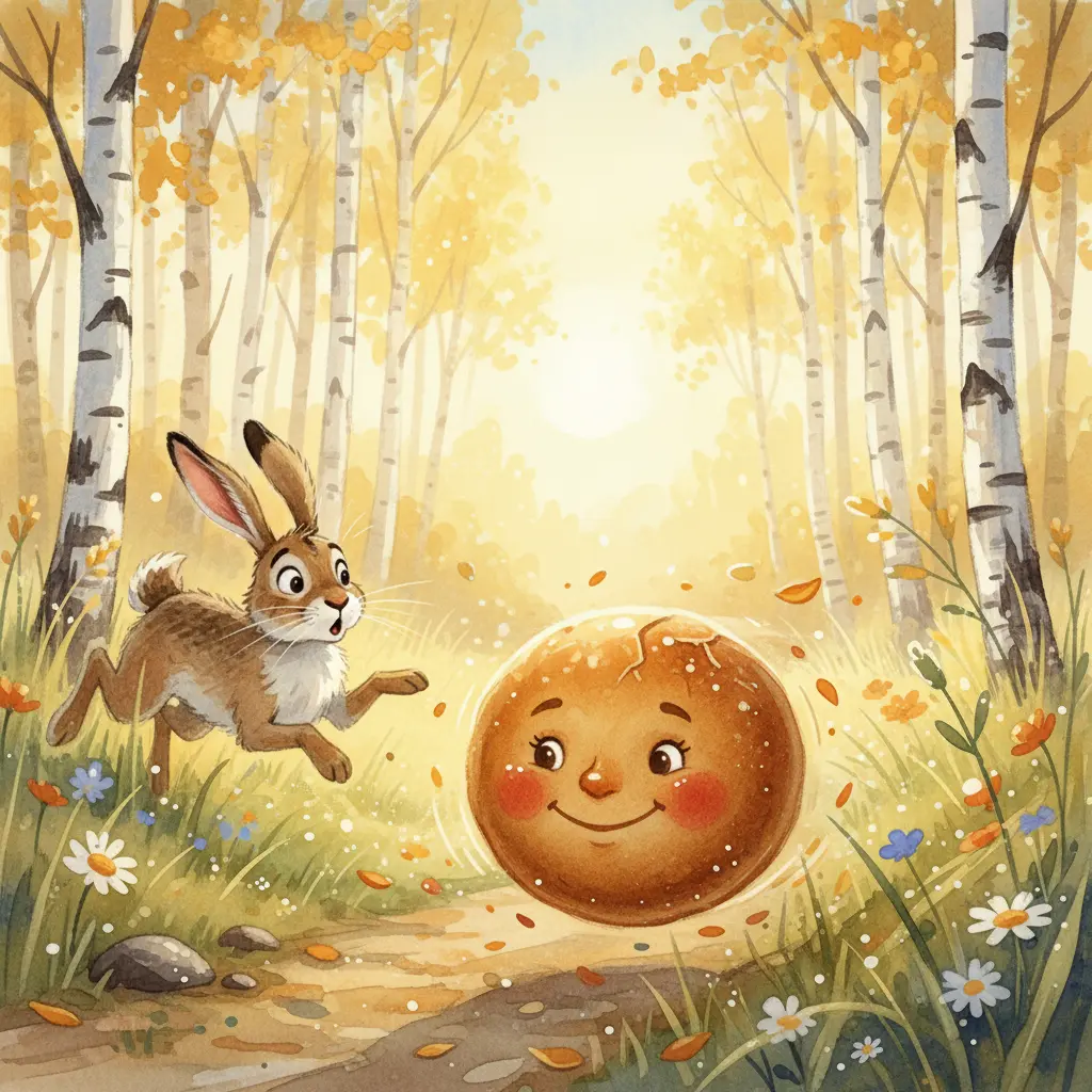 Колобок катится по лесной тропинке и поёт песню удивлённому зайцу