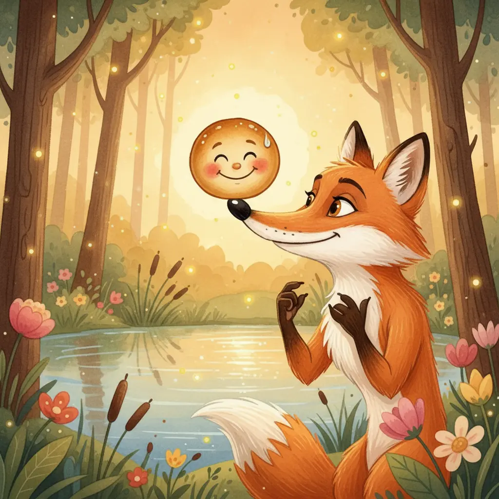 Хитрая лиса держит колобка на носу возле тихого пруда на закате