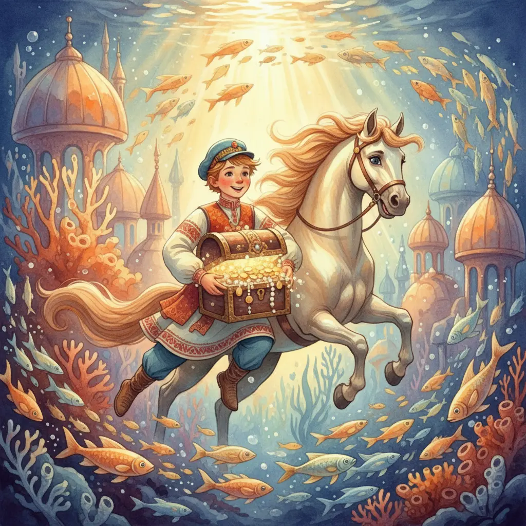 Иван и Конёк-Горбунок погружаются в подводное царство за сокровищами