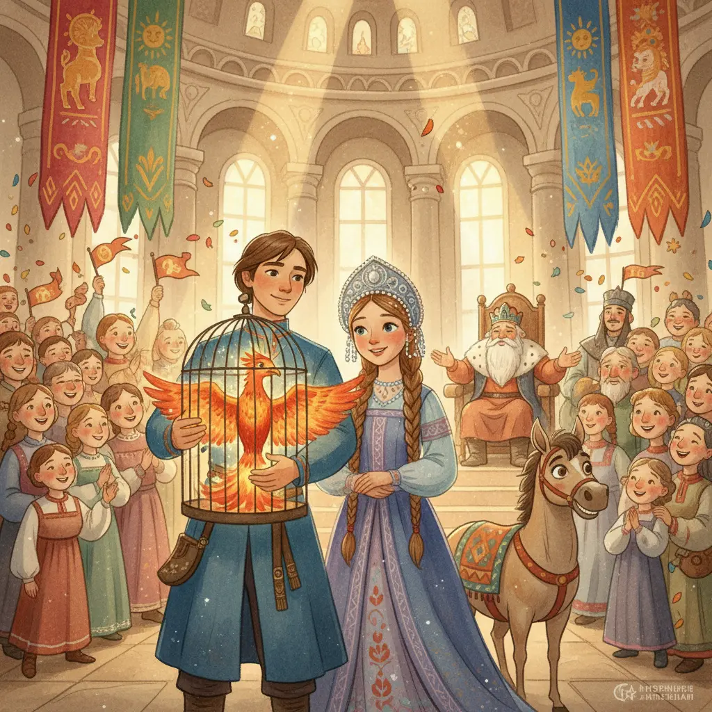 Иван приезжает ко двору с жар-птицей и царевной, рядом гордо стоит Конёк