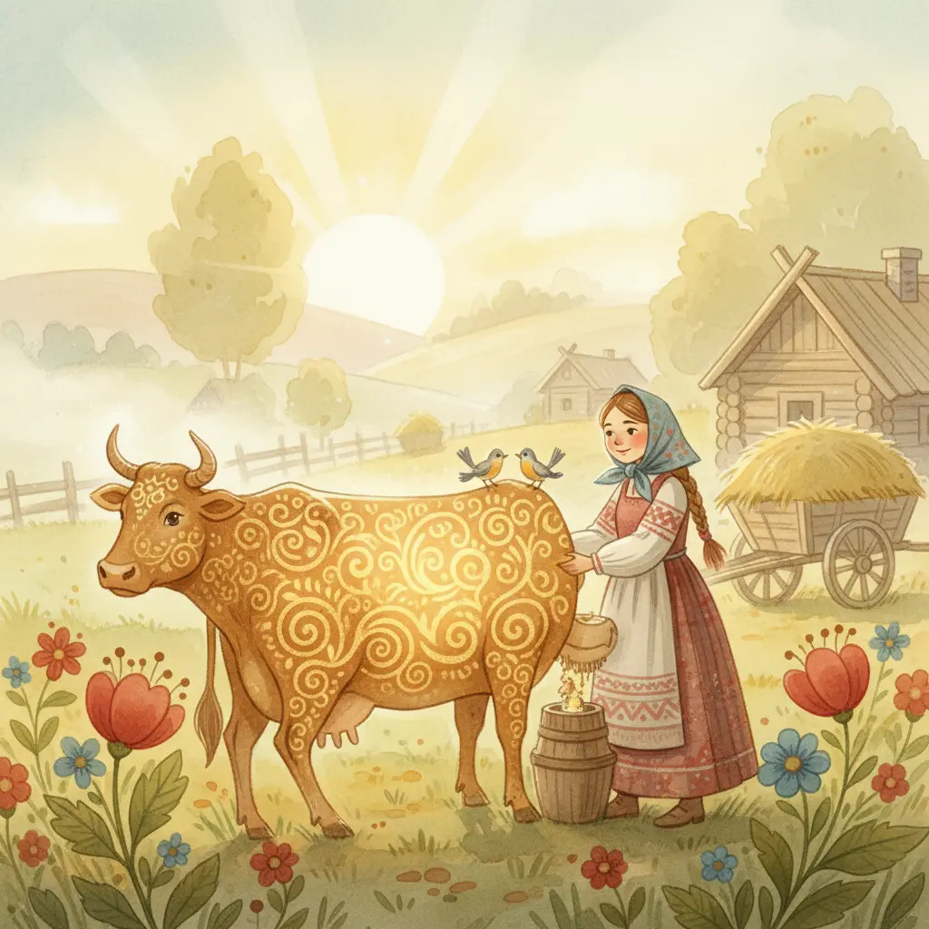 Крошечка-Хаврошечка обнимает волшебную корову на рассветном дворе