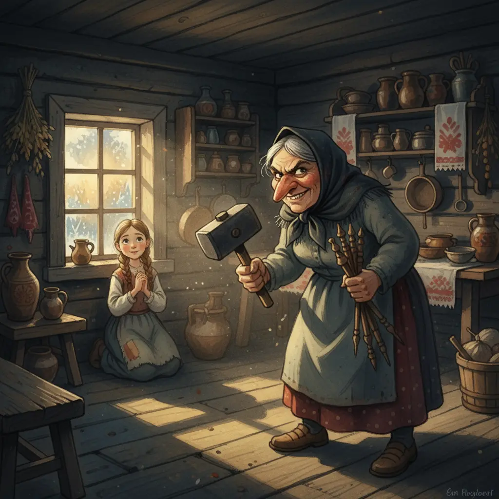 Злая мачеха с дочерьми шепчется в тёмной избе, а Хаврошечка молится у окна