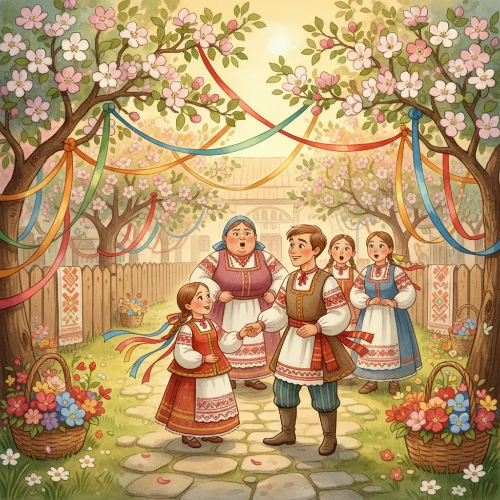 Крошечка-Хаврошечка в праздничном сарафане встречает своего суженого под яблоней