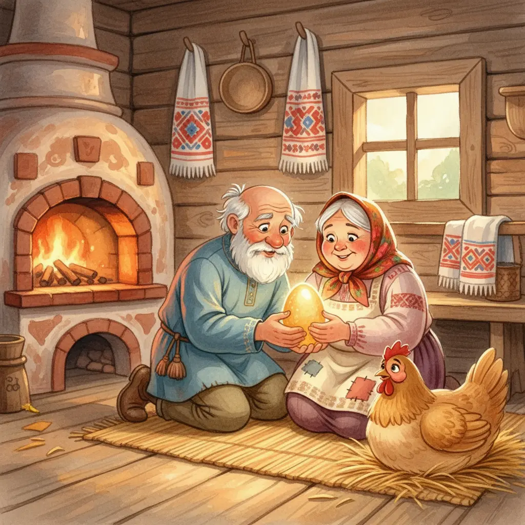Дед и бабка любуются курочкой Рябой и золотым яйцом