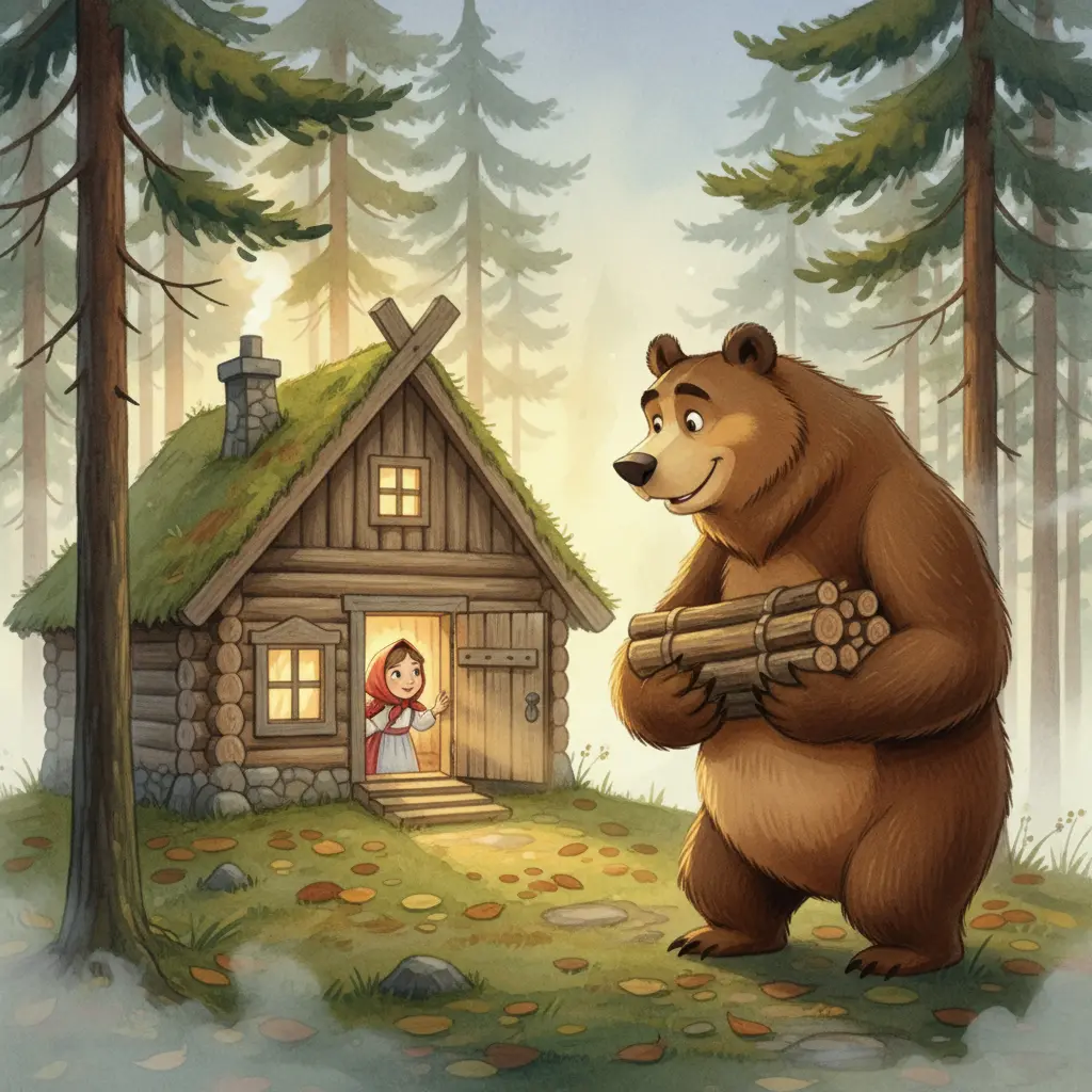 Маша открывает дверцу лесной избушки и встречает добродушного медведя