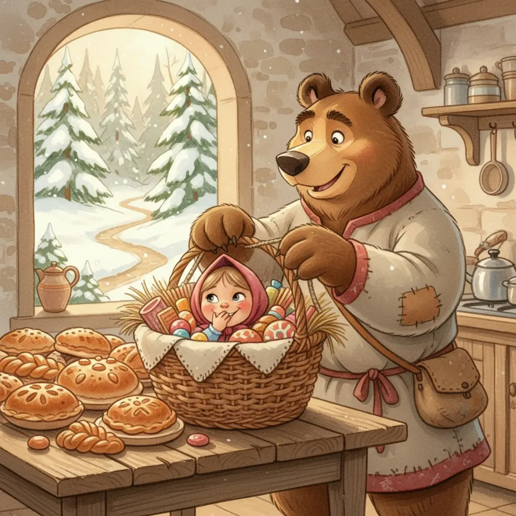 Маша прячется в большой короб с пирожками, пока медведь заглядывает в окно