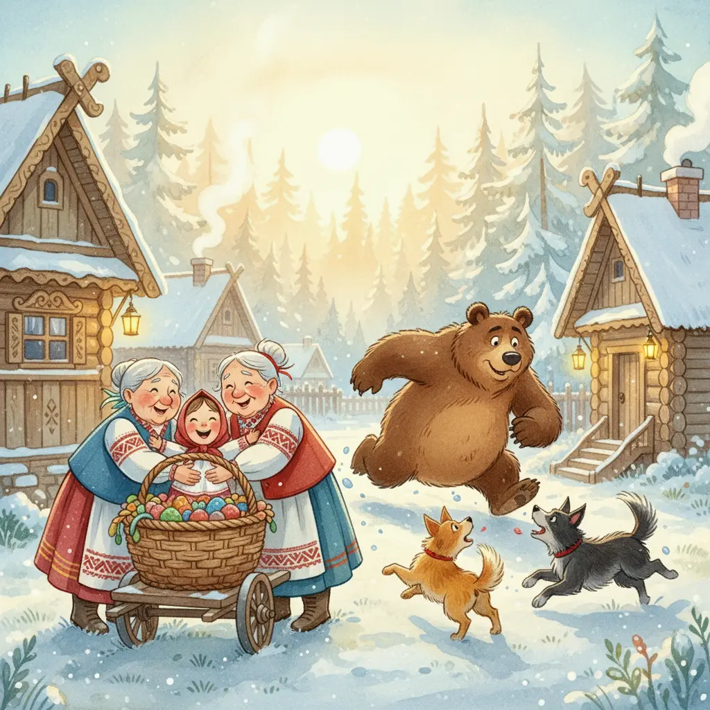 Дедушка и бабушка находят Машеньку в корзине, медведь убегает в лес