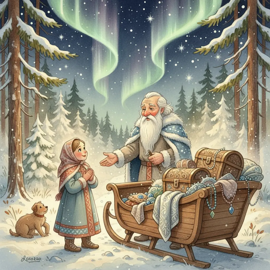 Морозко награждает терпеливую падчерицу сундуком с подарками на сияющей поляне