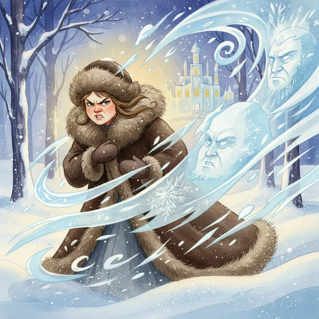 Злая сводная сестра злится на морозе, а вихри Морозко кружат вокруг