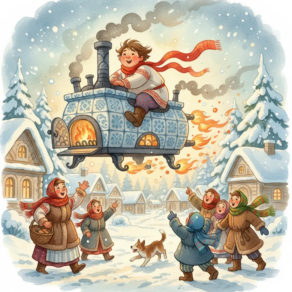 Емеля едет на печи по заснеженной деревне, удивляя жителей