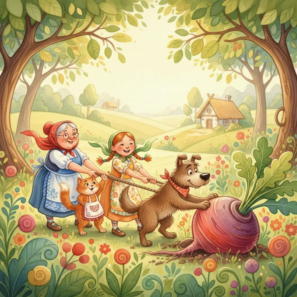 Вся семья дружно тянет репку за хвостик