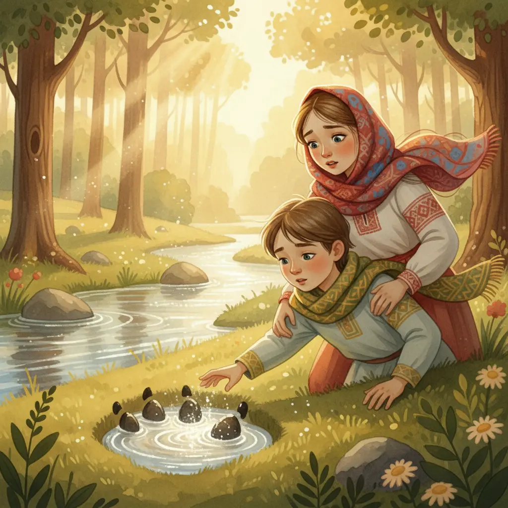 Алёнушка удерживает Иванушку у лесного ручья, чтобы тот не пил из копытца