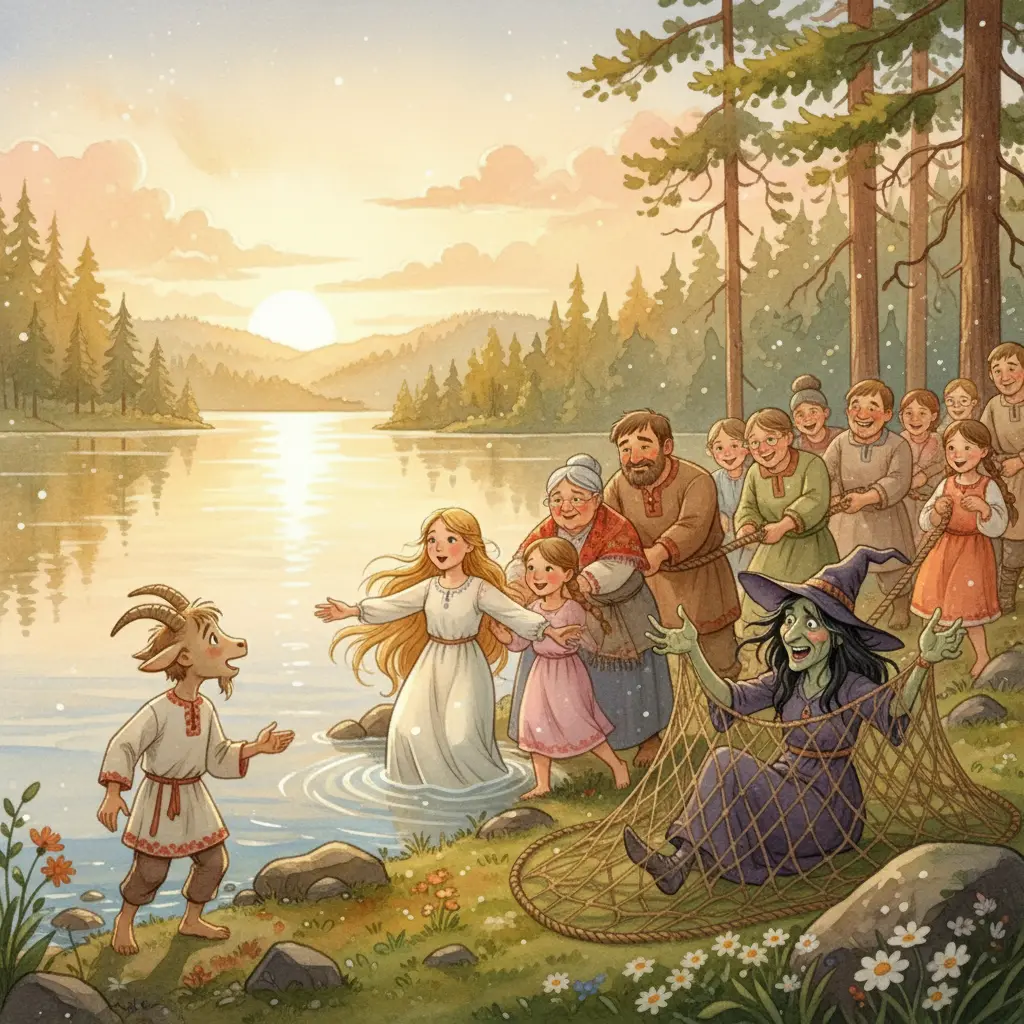 Козлёночек зовёт сестру у берега, люди тянут сети и готовятся спасать Алёнушку