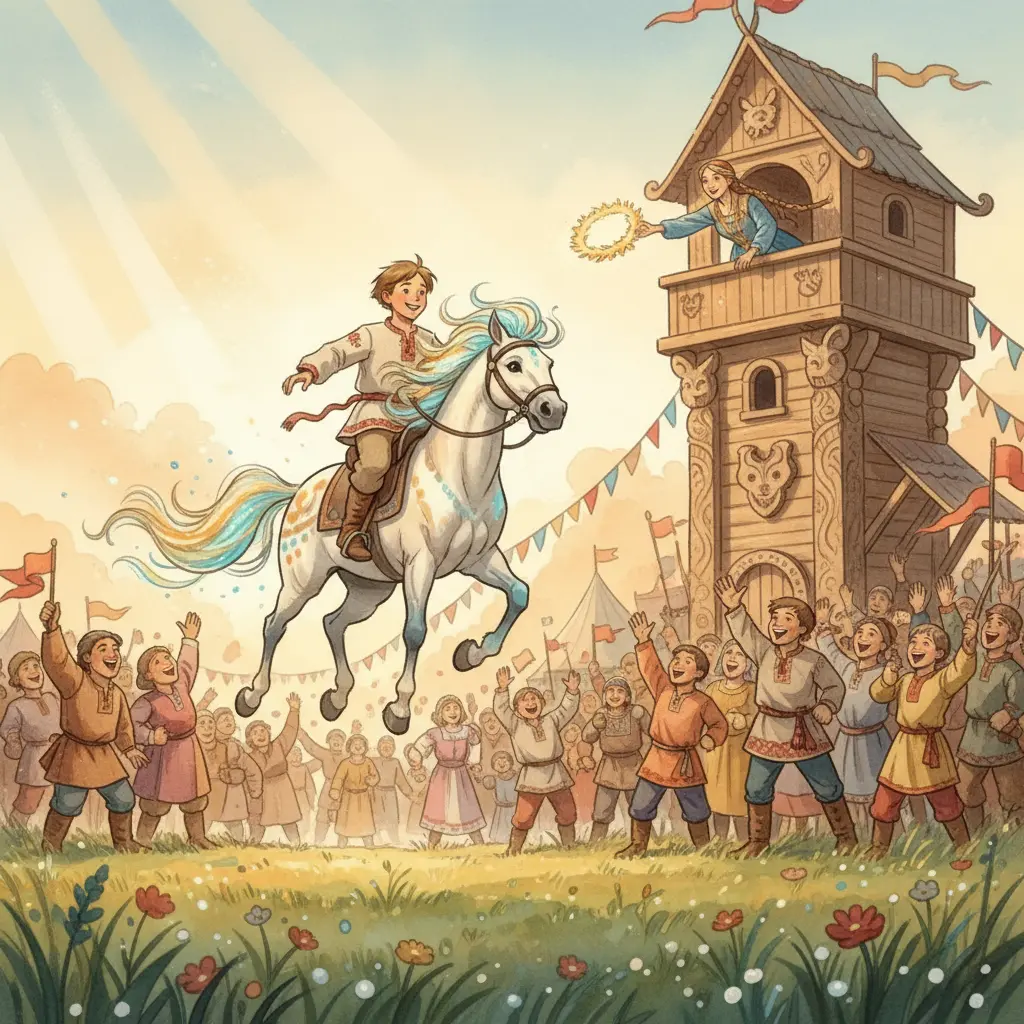 Сивка-Бурка взмывает к башне с царевной, которая бросает золотой венок Ивану