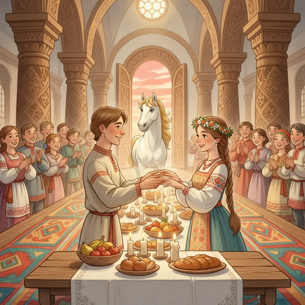 Скромный Иван надевает кольцо на руку царевны во дворце, а волшебный конь ждёт у дверей