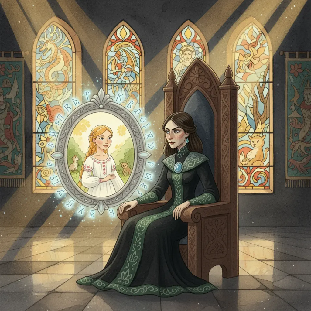 Злая царица в изумрудных одеждах разговаривает с волшебным зеркалом, отражающим царевну