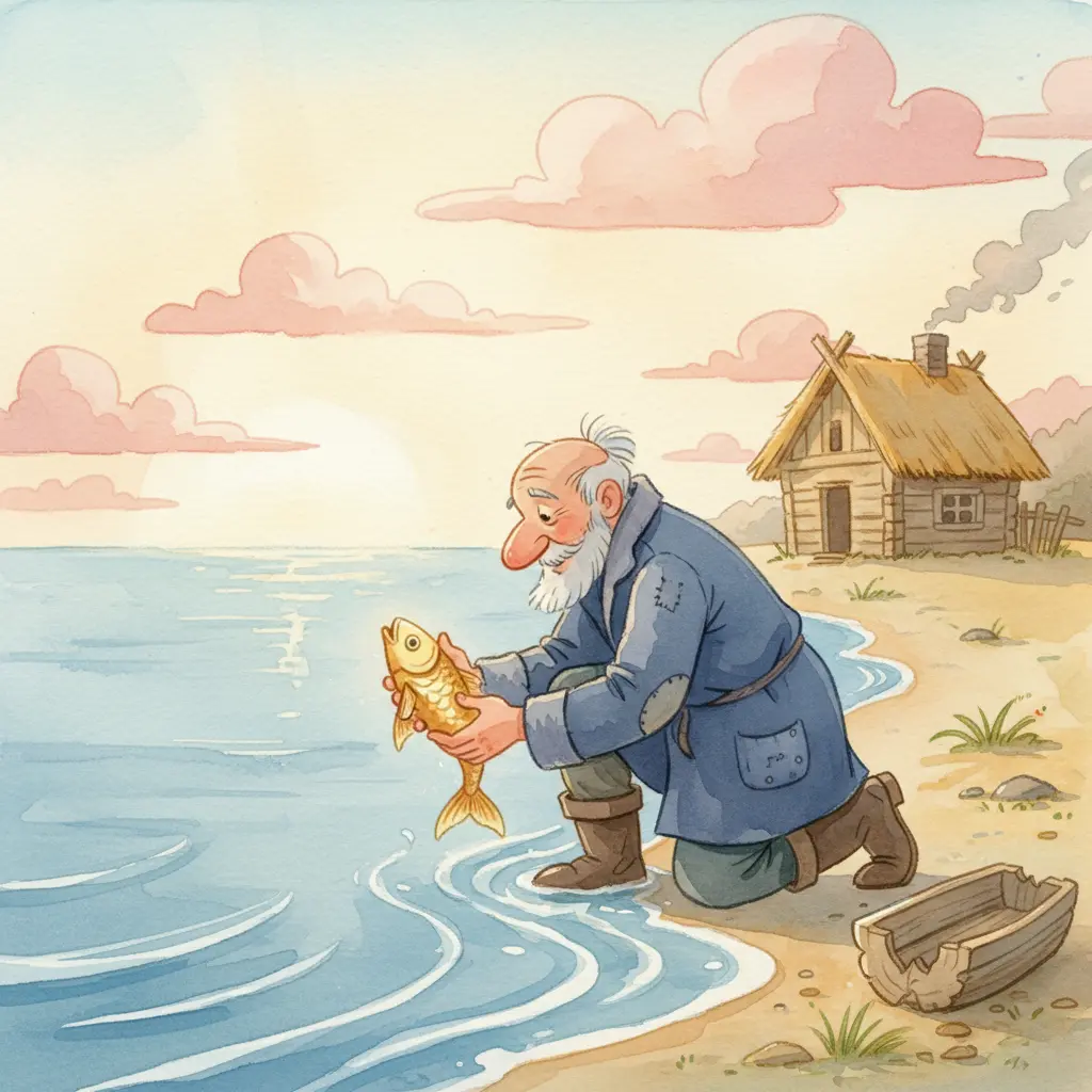 Старик отпускает золотую рыбку в нежно-розовом рассвете у моря
