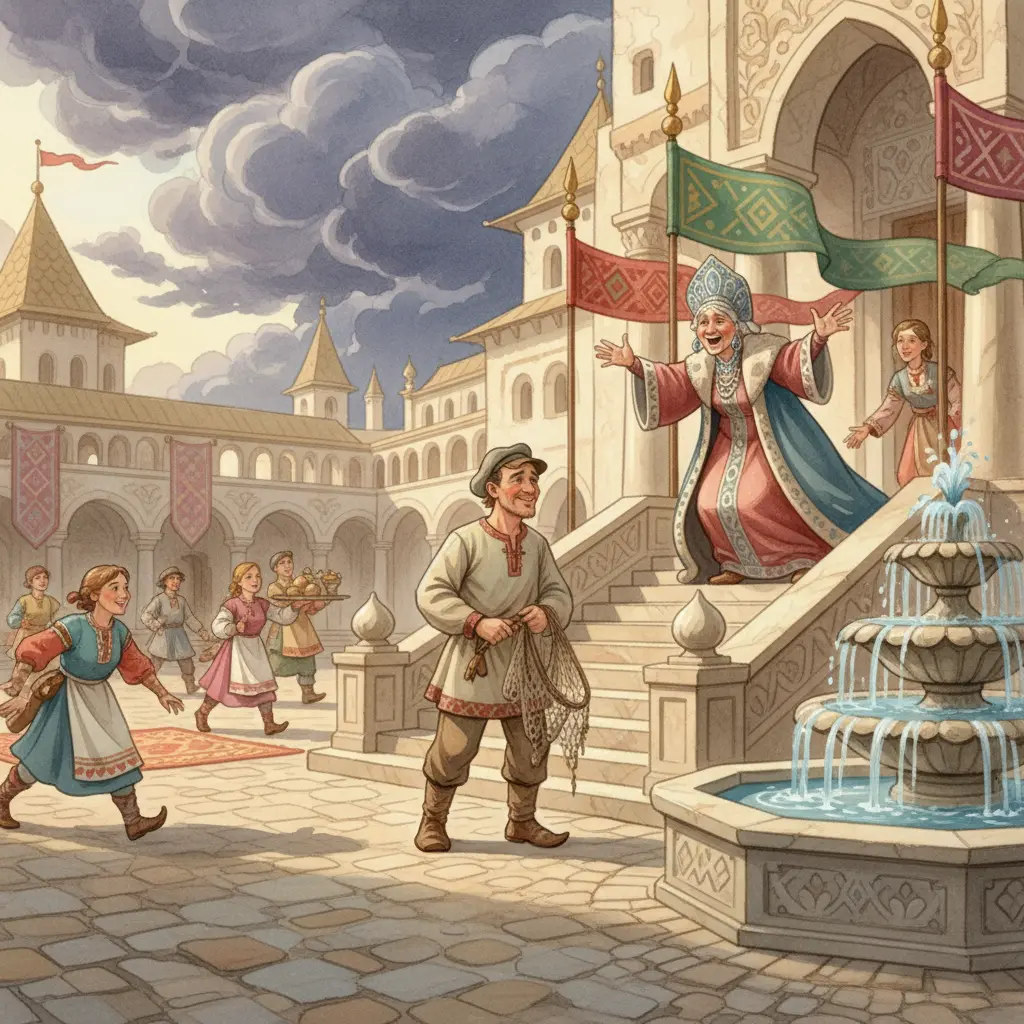 Старуха в богатом платье командует слугами у мраморного дворца