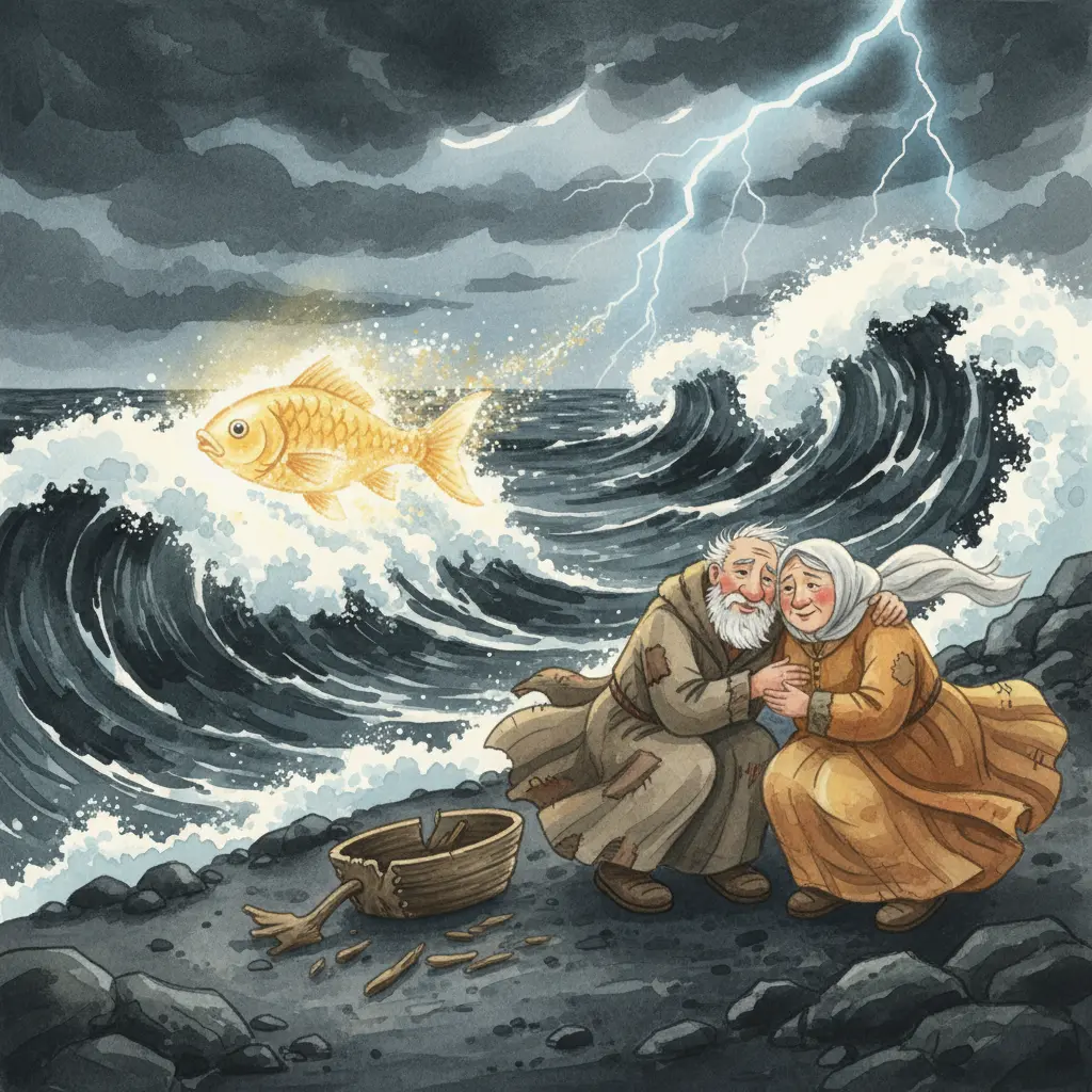 Штормовое море исчезает, а старики снова сидят у разбитого корыта на берегу