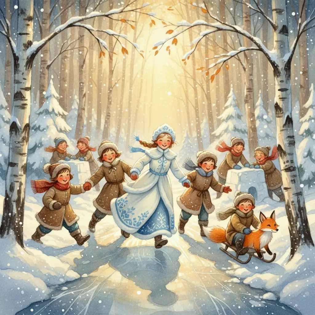 Снегурочка в белом сарафане играет с ребятами на зимней поляне под берёзами