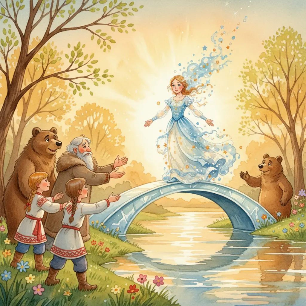 Снегурочка растворяется лёгким паром возле костра на весенней поляне