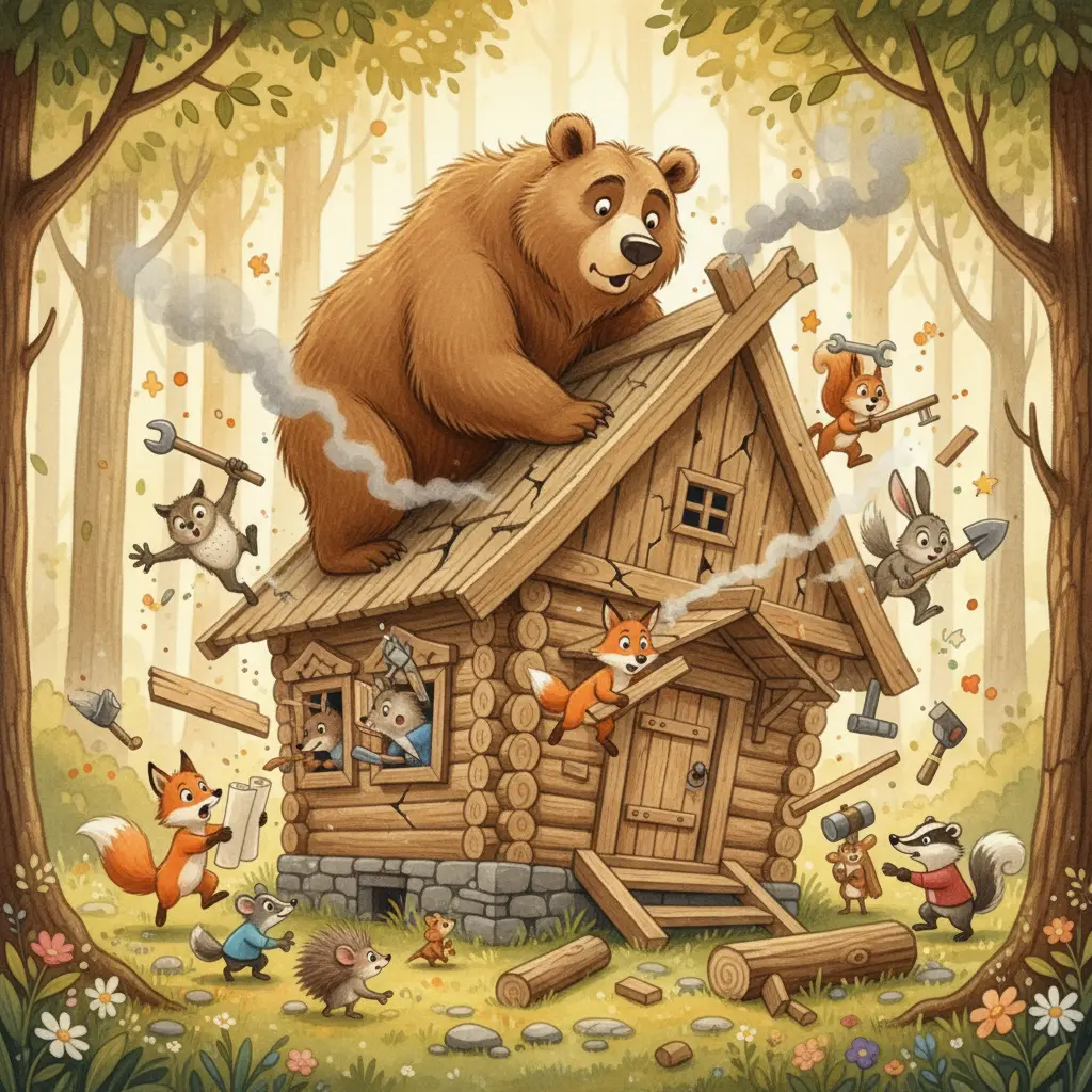 Медведь взбирается на крышу и рушит хрупкий домик, звери выпрыгивают наружу