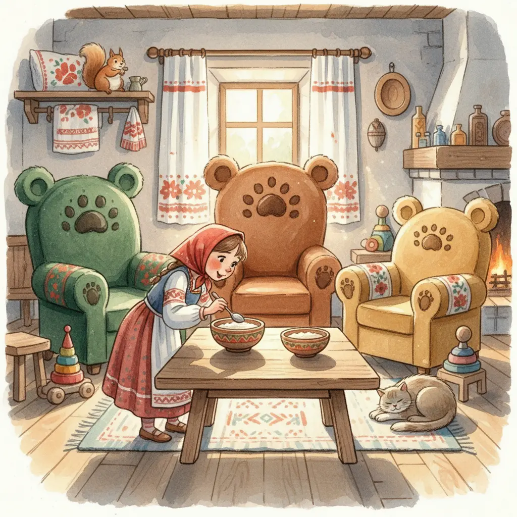 Маша пробует кашу из трёх мисок в уютной столовой медведей