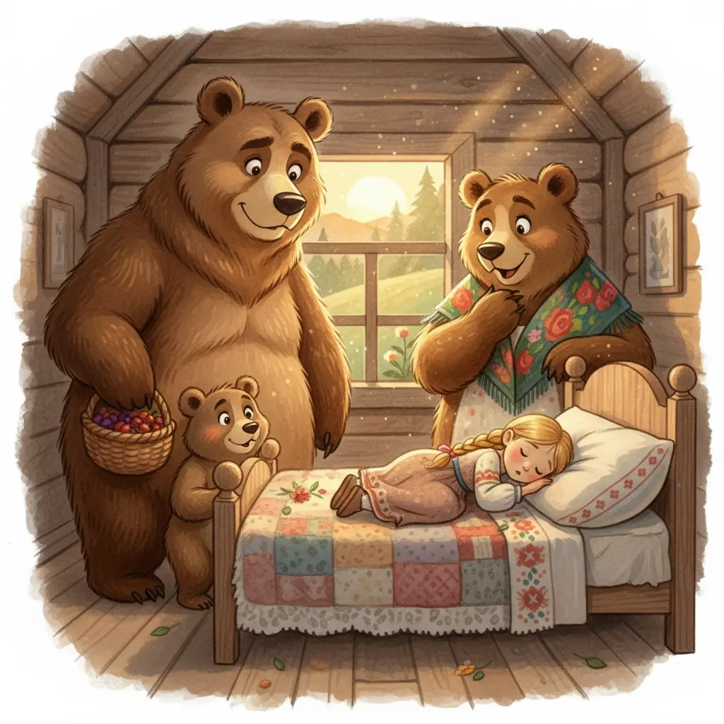 Медвежья семья возвращается домой и обнаруживает Машу в кровати
