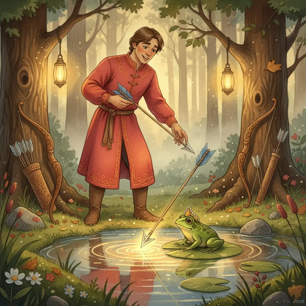 Стрела Ивана-царевича падает в болото рядом с лягушкой