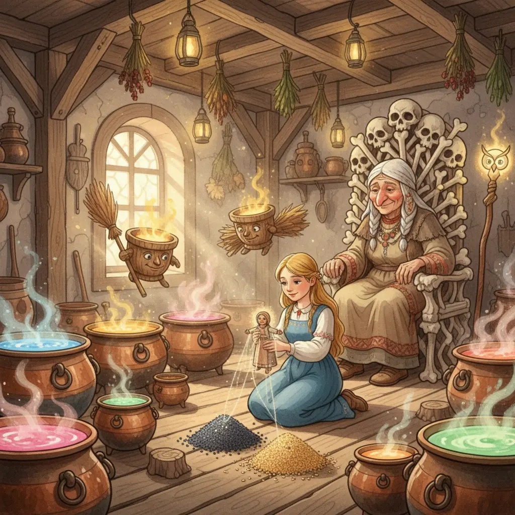 Василиса выполняет задания в избушке Бабы-Яги с помощью волшебной куклы