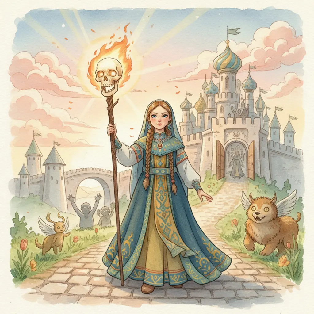 Василиса несёт череп-лампу, освещающую путь и карающую завистниц